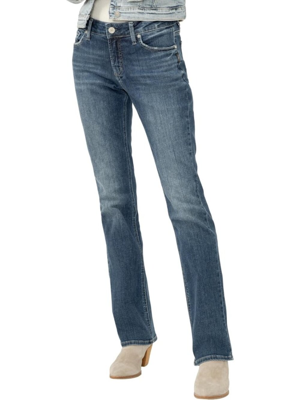 Mid Rise Comfort Fit Slim Bootcut Jeans for Women - Stylish Silver Wash Denim